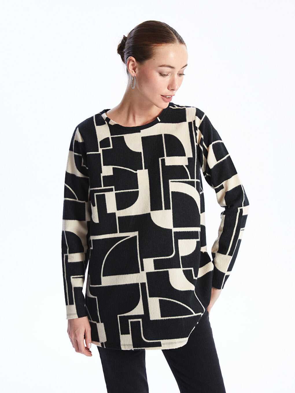 Crew Neck Patterned Long Sleeve Women's Tunic