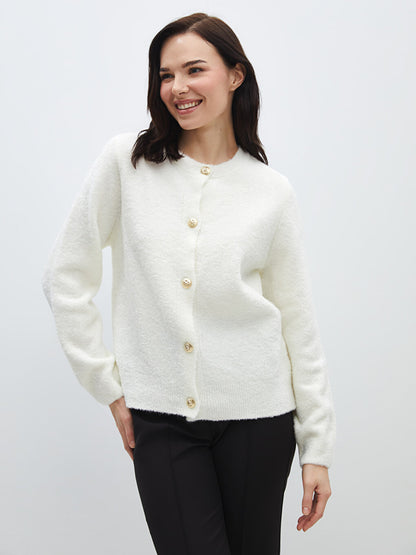 Crew Neck Plain Long Sleeve Women's Knitwear Cardigan