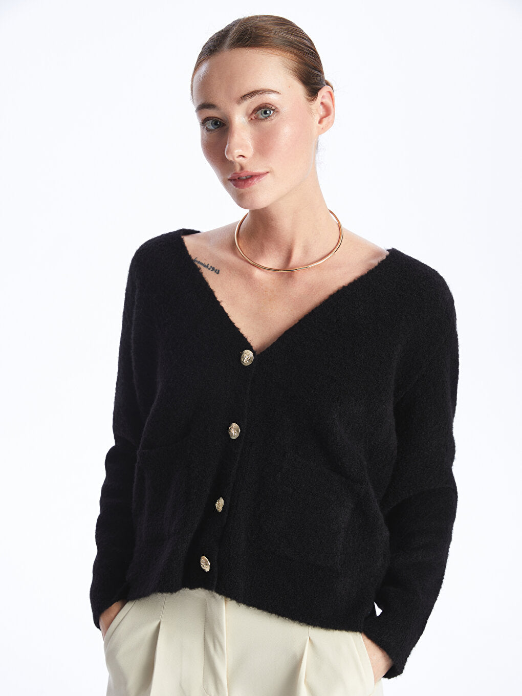 V-Neck Plain Long Sleeve Women's Knitwear Cardigan