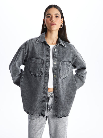 Plain Long Sleeve Oversize Women's Jean Shirt Jacket