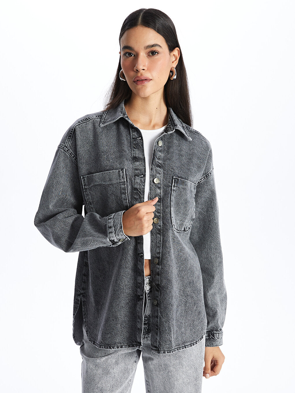 Plain Long Sleeve Oversize Women's Jean Shirt Jacket