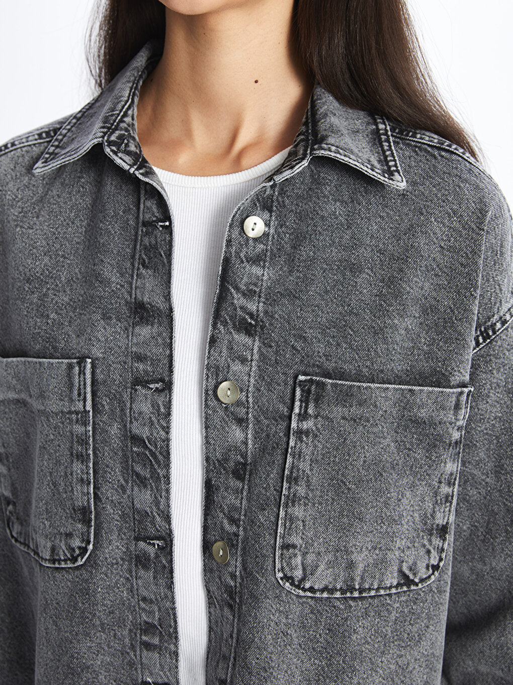 Plain Long Sleeve Oversize Women's Jean Shirt Jacket