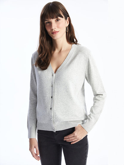 V-Neck Plain Long Sleeve Women's Knitwear Cardigan