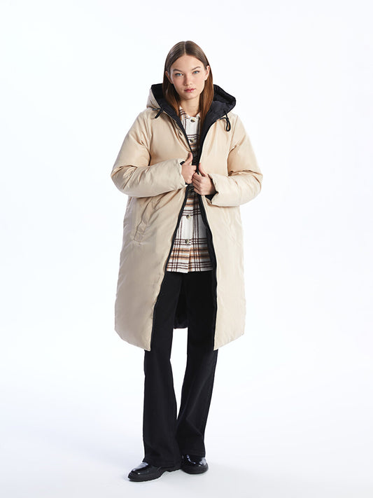 Hooded Plain Double Sided Women's Puffer Coat