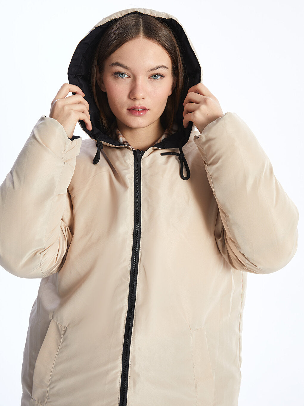 Hooded Plain Double Sided Women's Puffer Coat