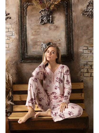 Embroidery Detailed V-Neck Women's Pajama Set