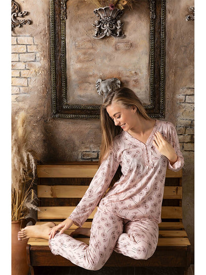 Embroidery Detailed V-Neck Women's Pajama Set