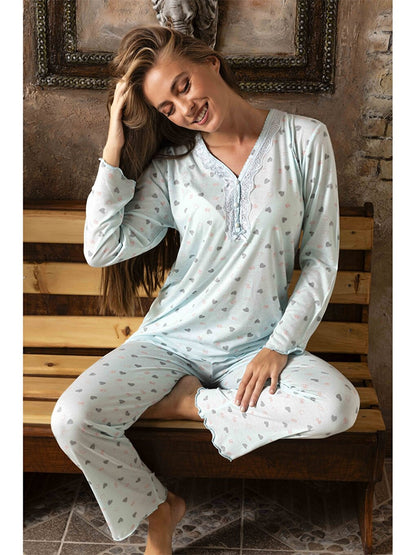 Embroidery Detailed V-Neck Women's Pajama Set