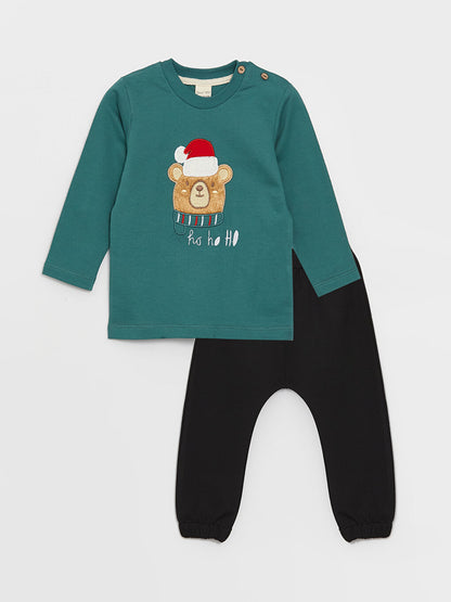 Crew Neck Long Sleeve New Year Themed Baby Boy T-Shirt and Trousers