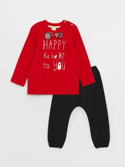 Crew Neck Long Sleeve New Year Themed Baby Boy T-Shirt and Trousers