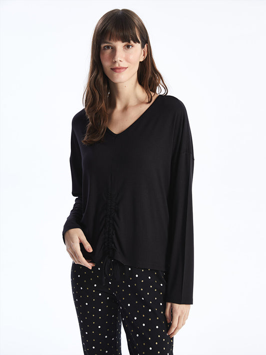 V-Neck Plain Long Sleeve Women's Pajama Top