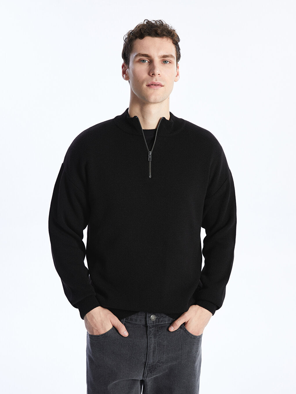 Zippered High Collar Long Sleeve Men's Knitwear Sweater