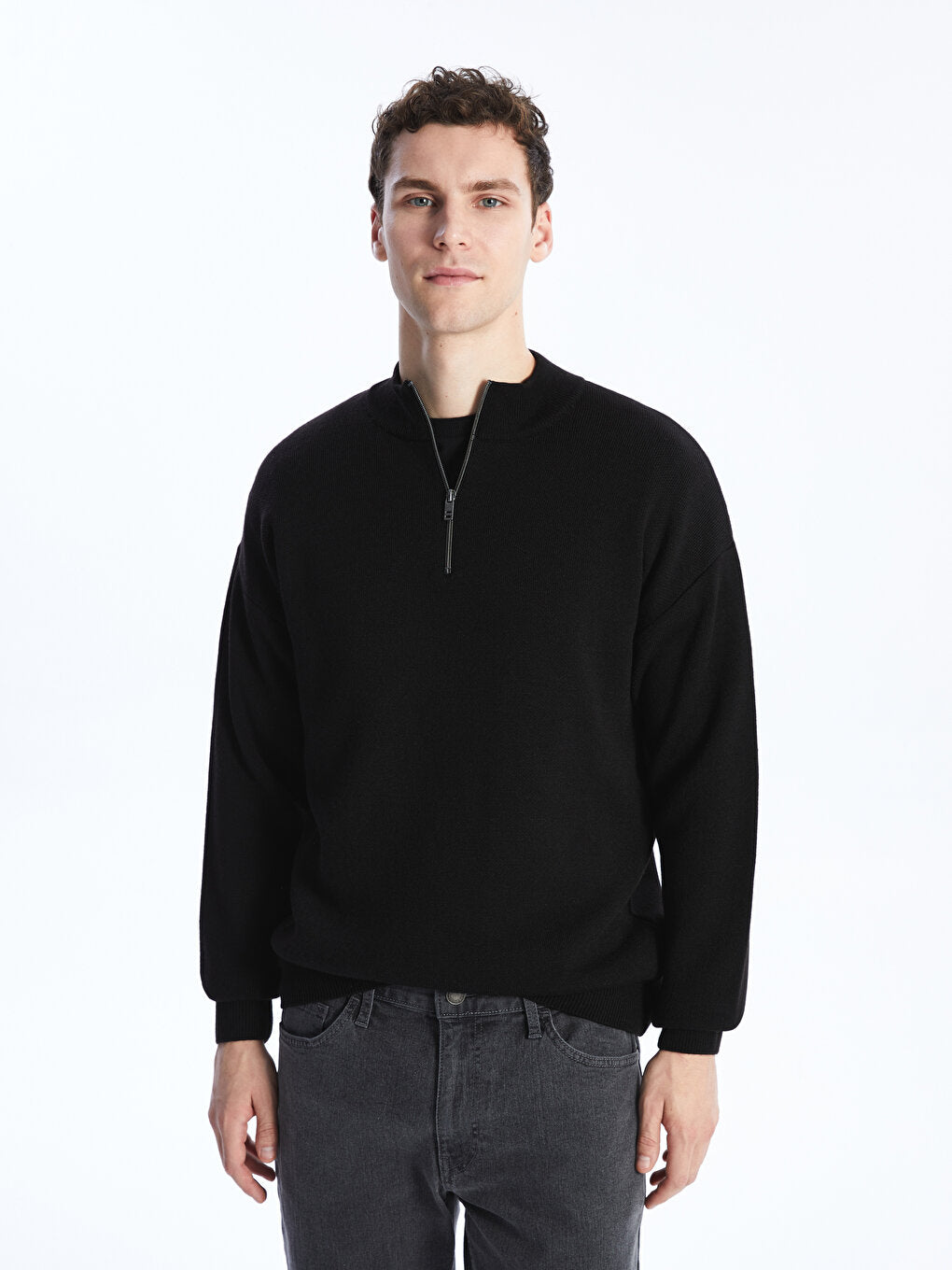 Zippered High Collar Long Sleeve Men's Knitwear Sweater