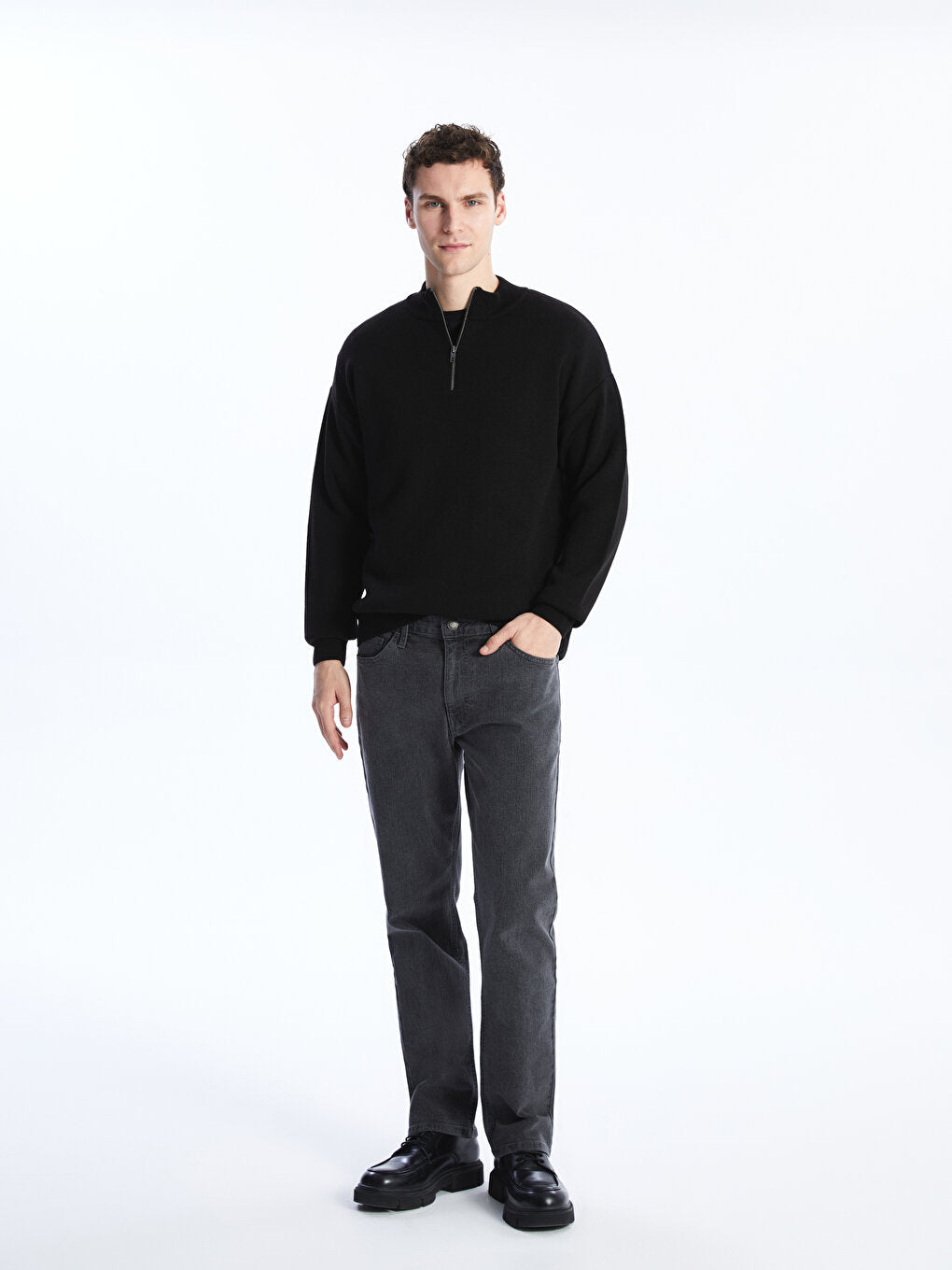 Zippered High Collar Long Sleeve Men's Knitwear Sweater