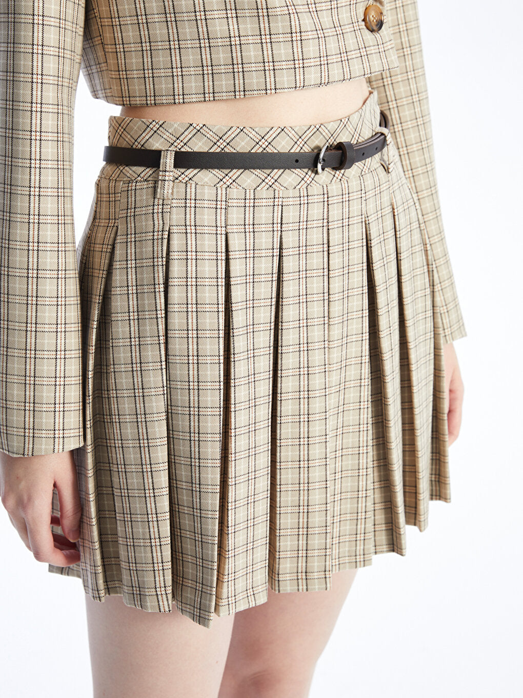 Plaid Women's Pleated Skirt with Waist Belt