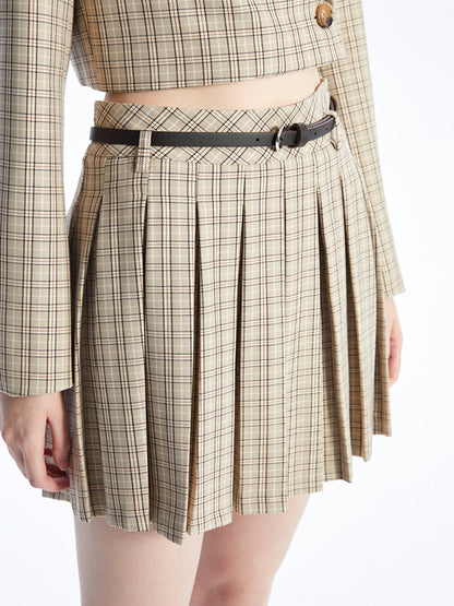 Plaid Women's Pleated Skirt with Waist Belt