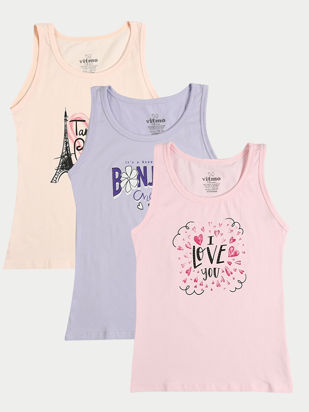 Crew Neck Printed Girl's Undershirt 3-pack