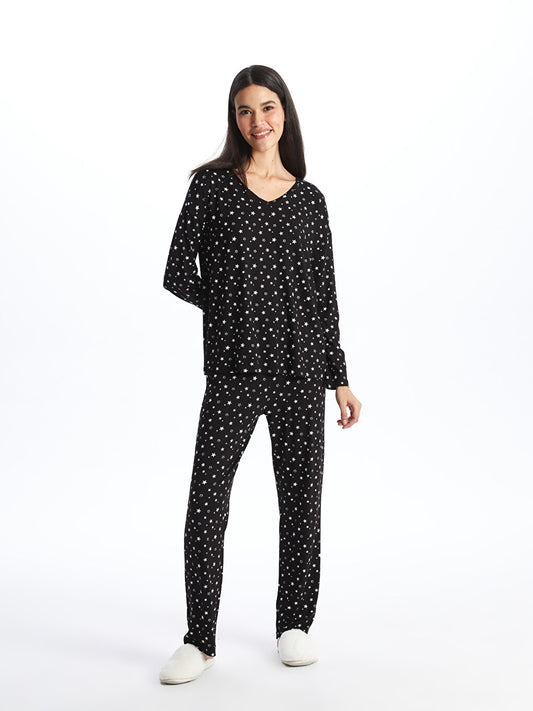 V-Neck Patterned Long Sleeve Women's Pajama Set