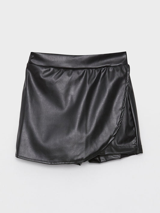 Leather Look Girl's Shorts Skirt with Elastic Waist