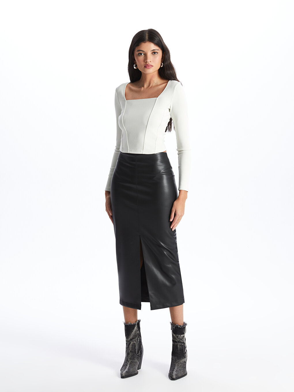 Tight Fit Straight Leather Look Women's Skirt