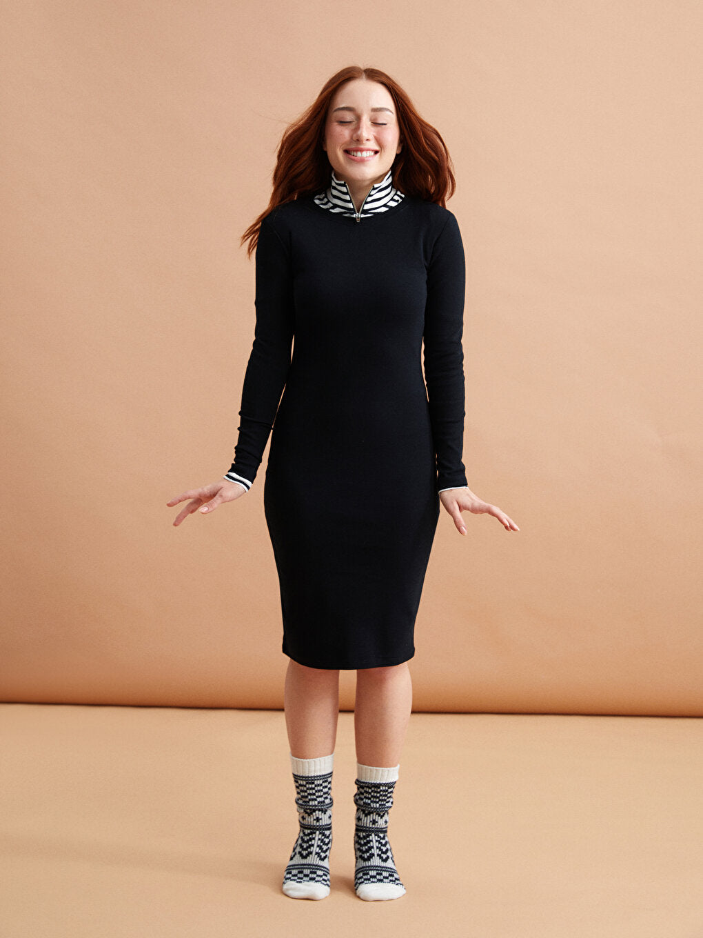 Petite Crew Neck Straight Long Sleeve Women's Dress