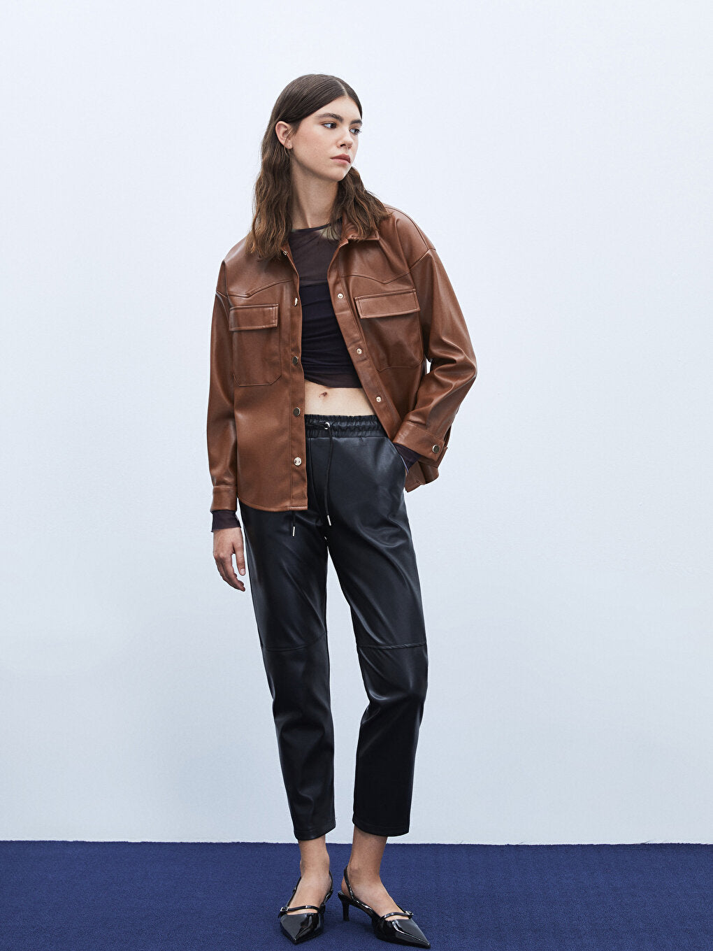 Plain Long Sleeve Leather Look Women's Shirt Jacket