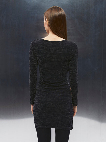 V-Neck Shiny Look Long Sleeve Women's Dress