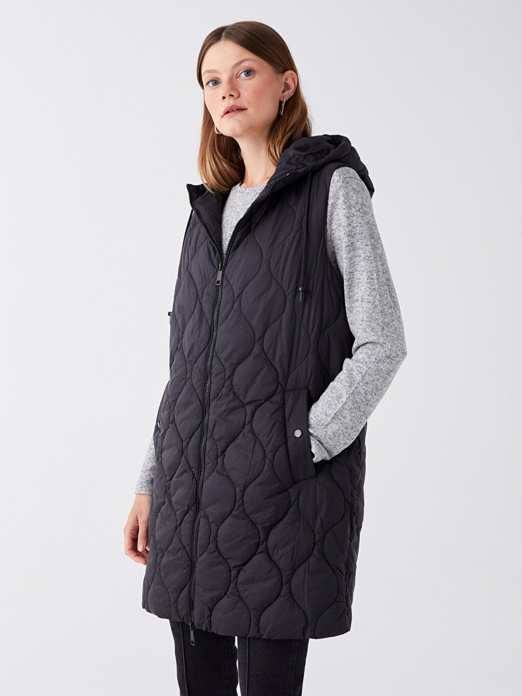 Hooded Self-Patterned Women's Puffer Vest