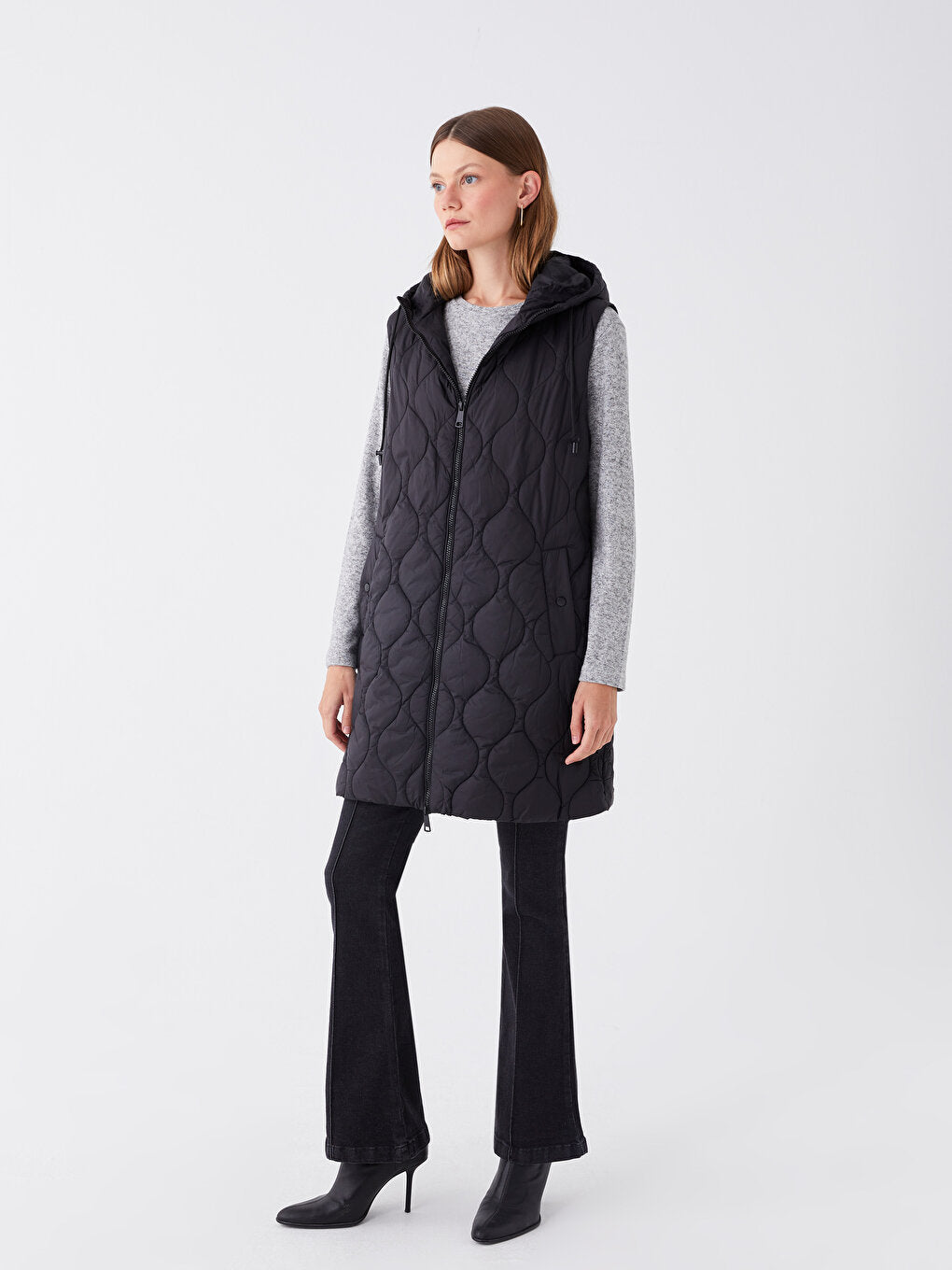 Hooded Self-Patterned Women's Puffer Vest