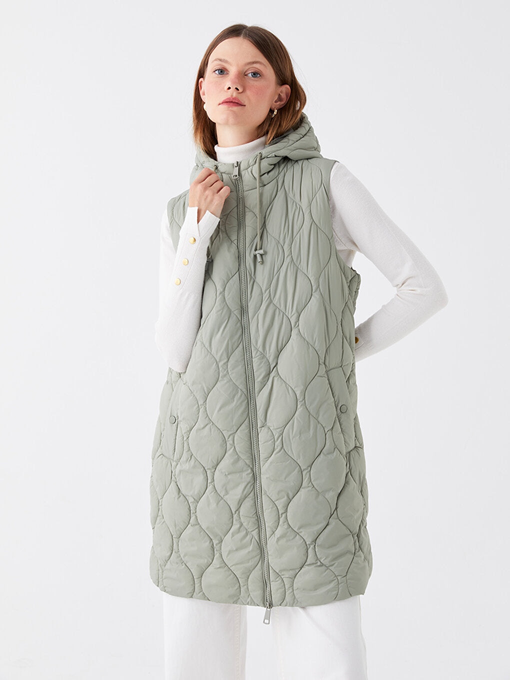 Hooded Self-Patterned Women's Puffer Vest