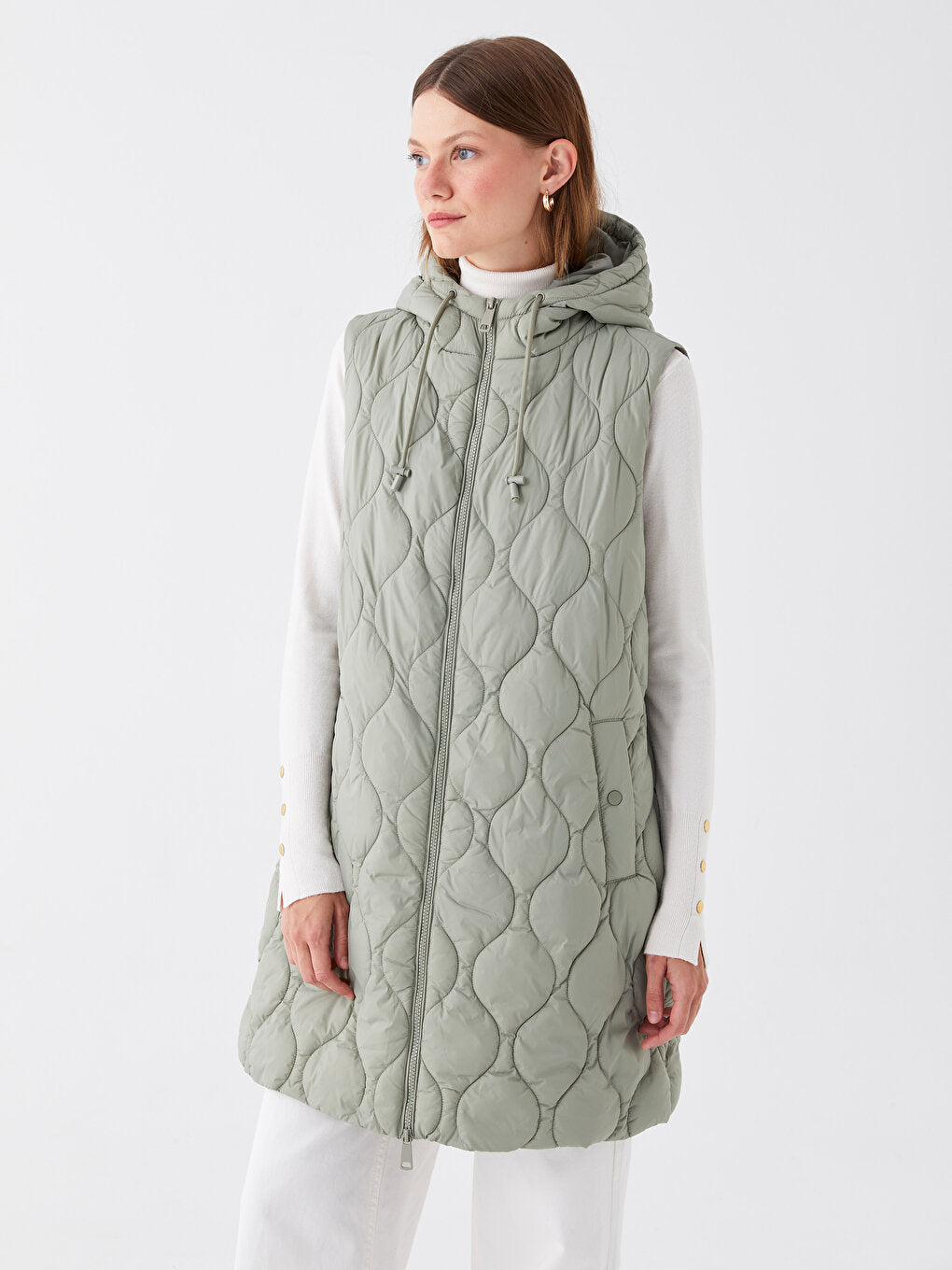 Hooded Self-Patterned Women's Puffer Vest