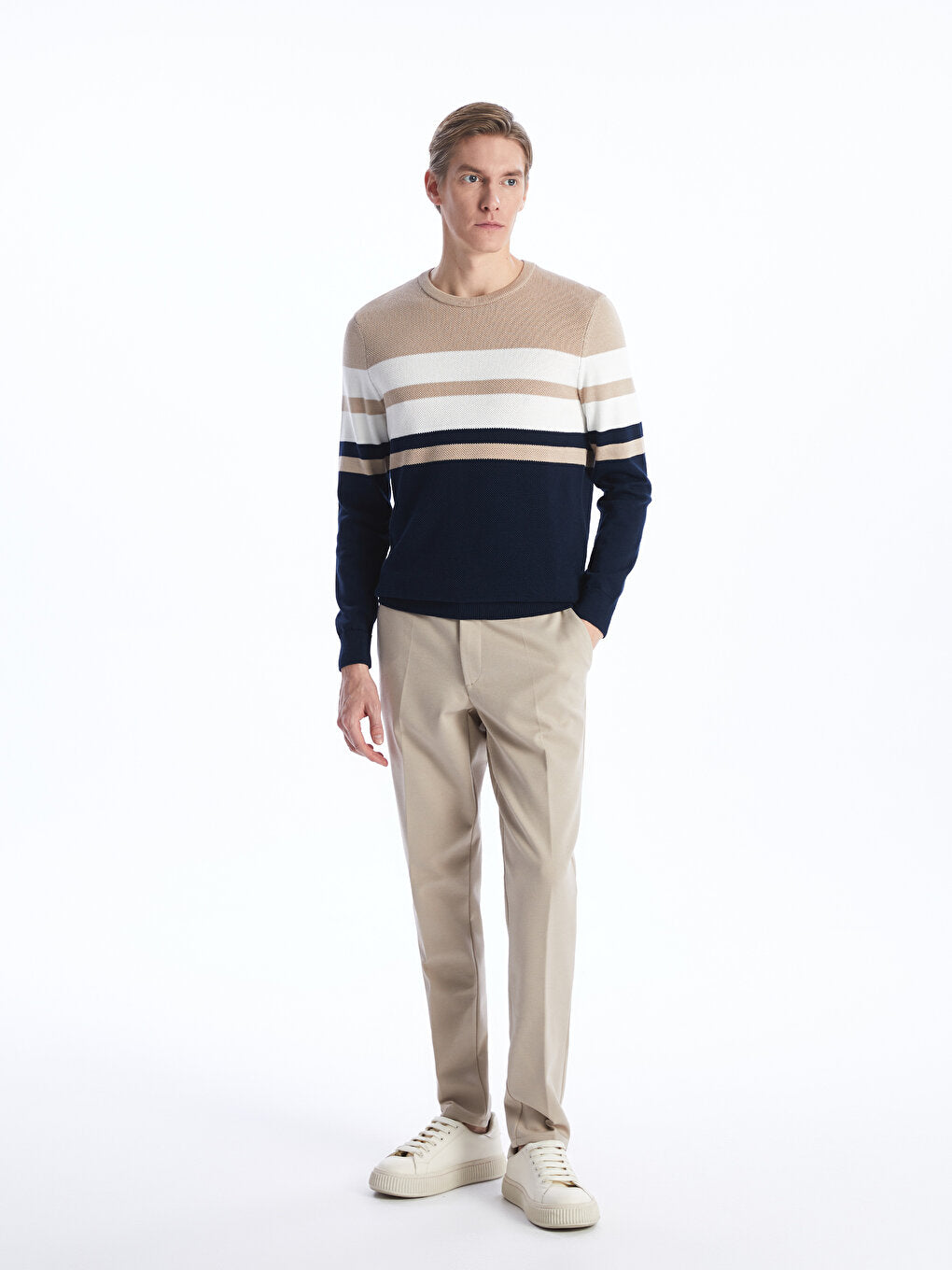 Crew Neck Long Sleeve Striped Men's Knitwear Sweater