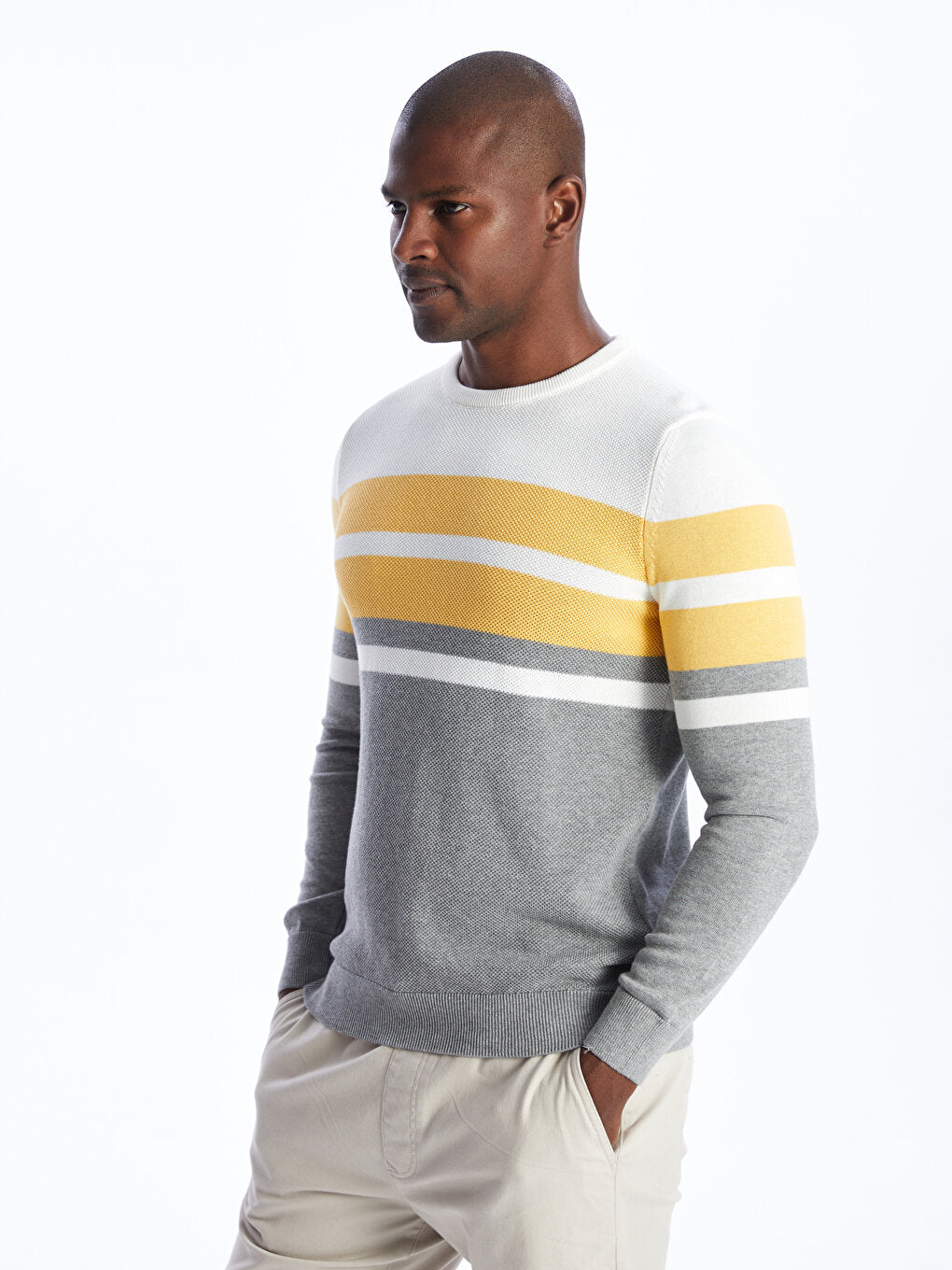 Crew Neck Long Sleeve Striped Men's Knitwear Sweater