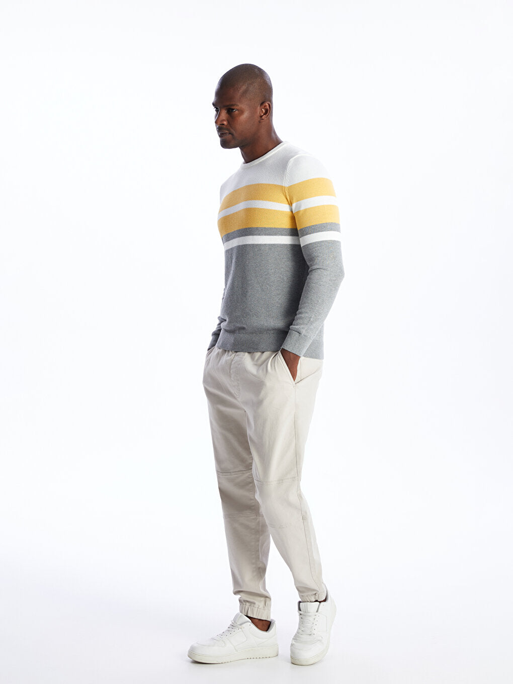 Crew Neck Long Sleeve Striped Men's Knitwear Sweater