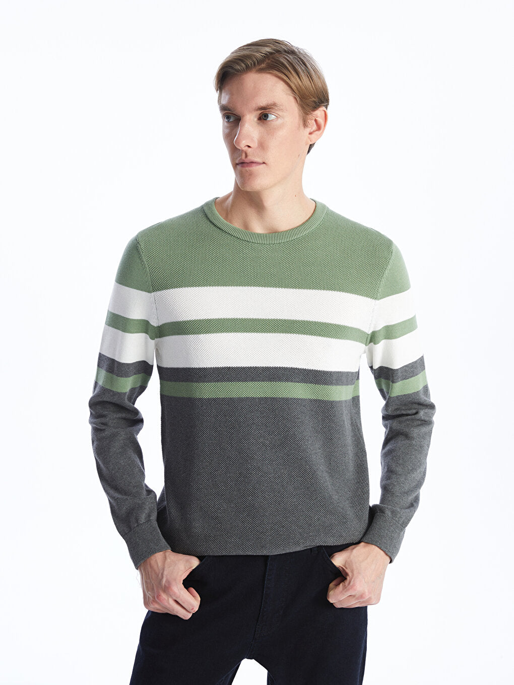 Crew Neck Long Sleeve Striped Men's Knitwear Sweater