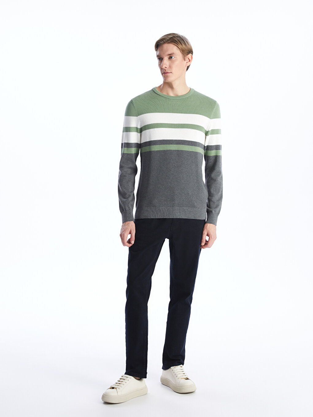 Crew Neck Long Sleeve Striped Men's Knitwear Sweater