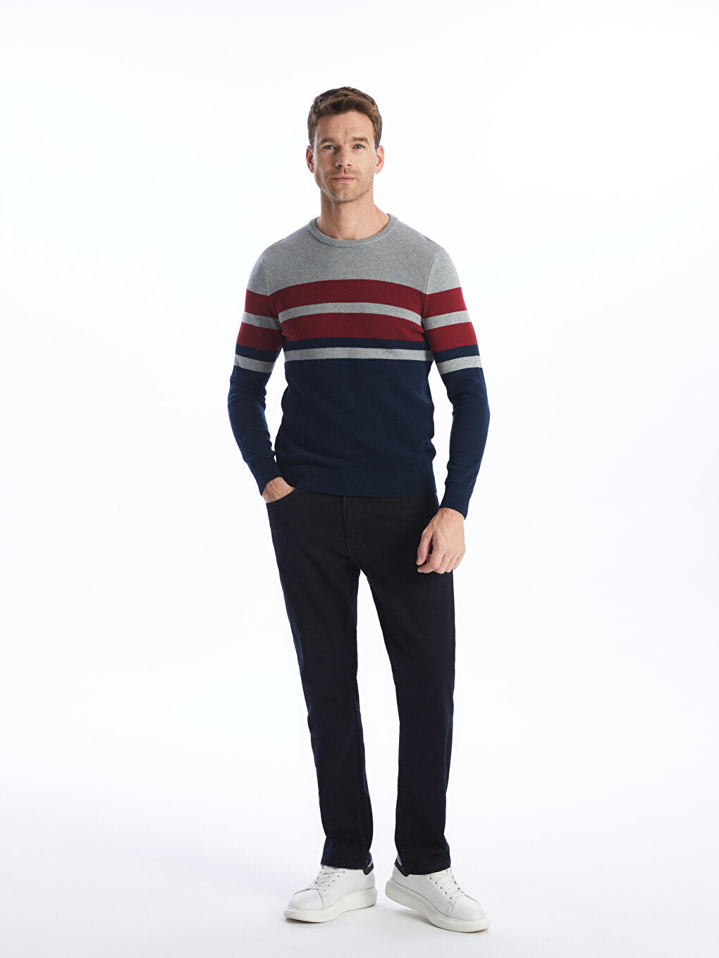 Crew Neck Long Sleeve Striped Men's Knitwear Sweater