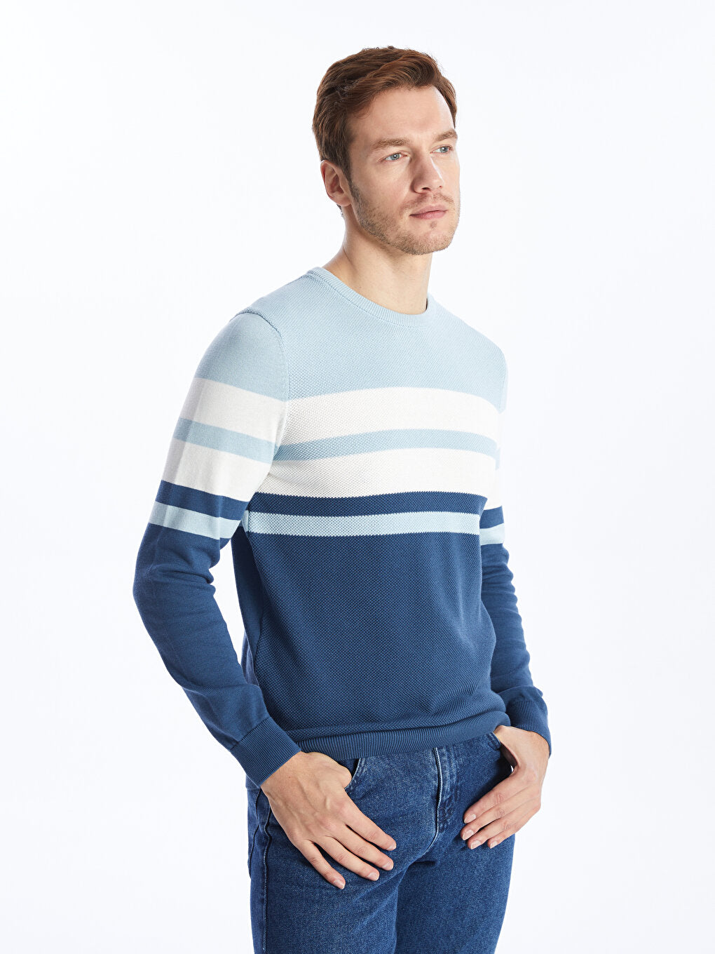 Crew Neck Long Sleeve Striped Men's Knitwear Sweater