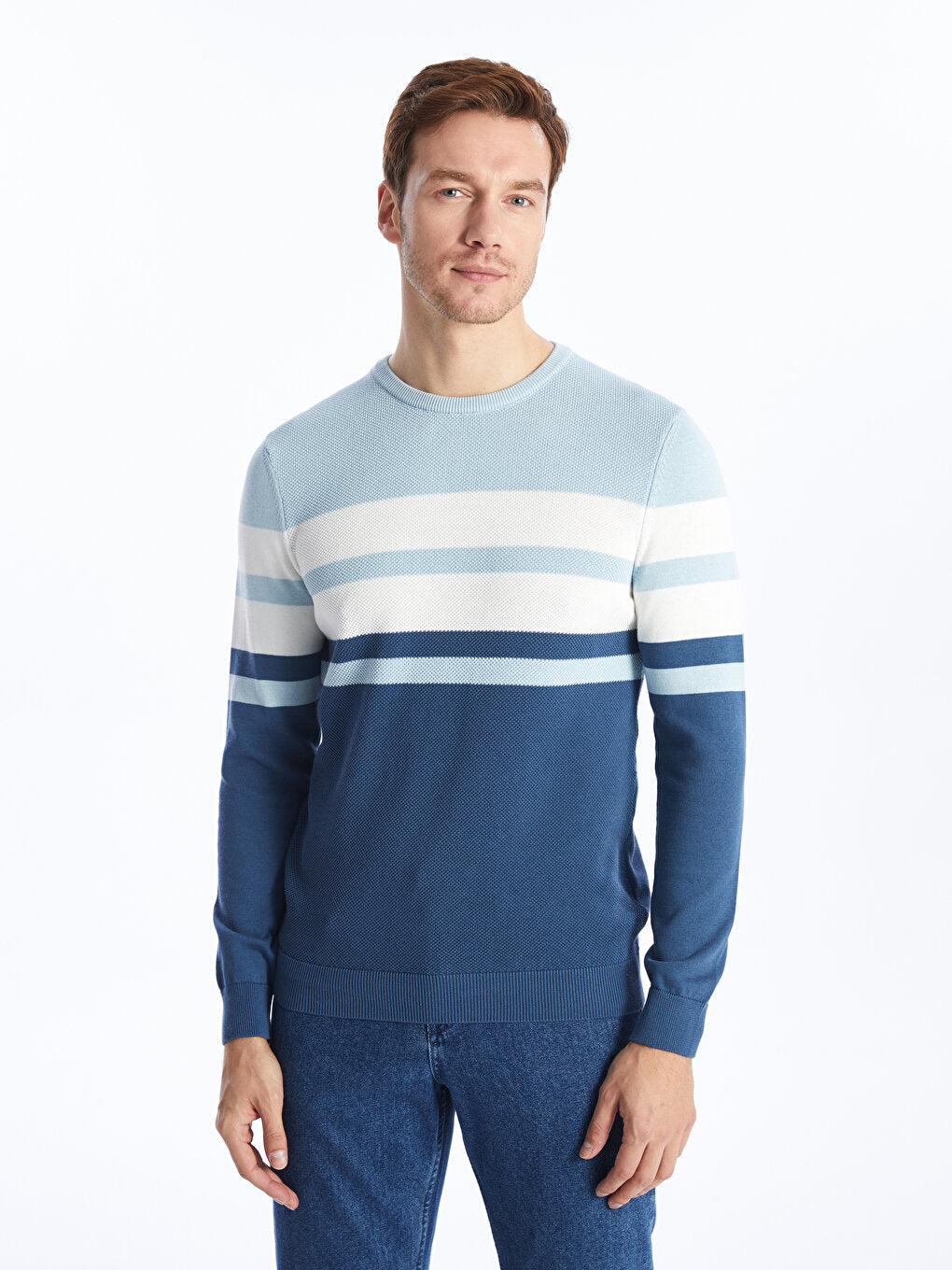 Crew Neck Long Sleeve Striped Men's Knitwear Sweater