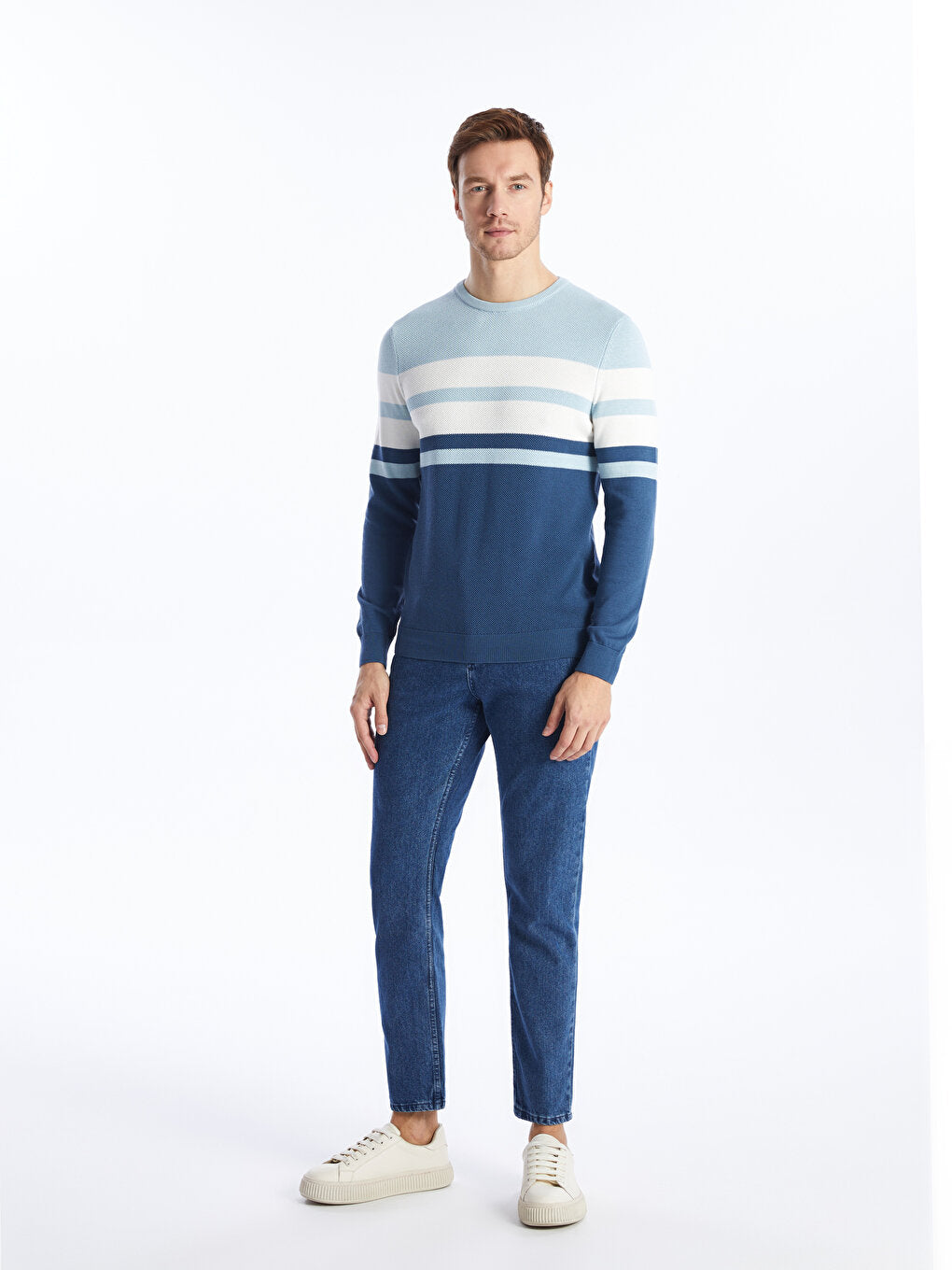 Crew Neck Long Sleeve Striped Men's Knitwear Sweater