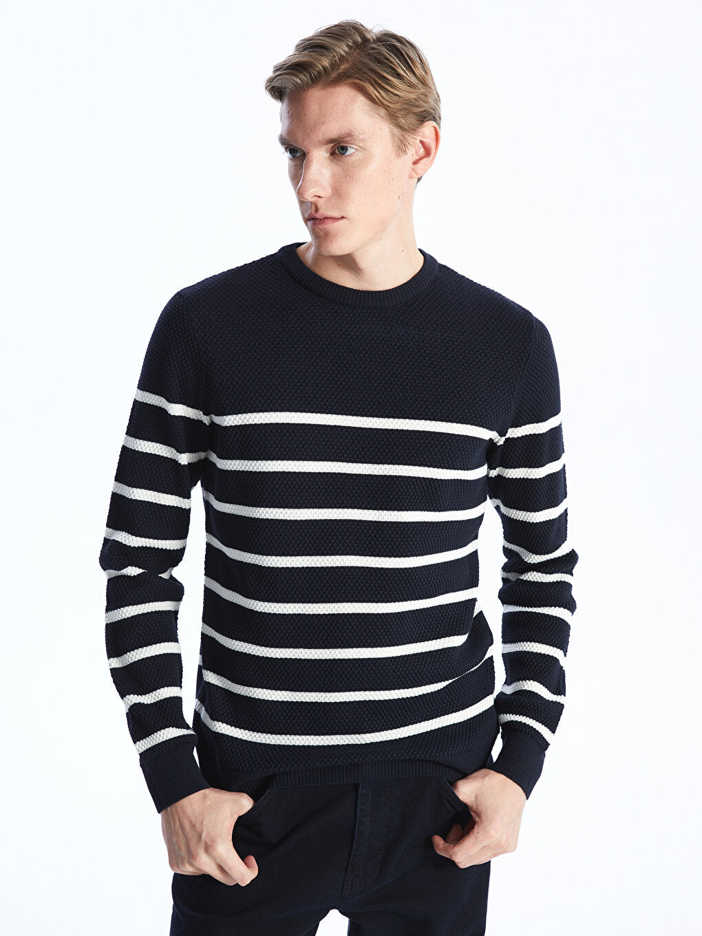 Crew Neck Long Sleeve Striped Men's Knitwear Sweater