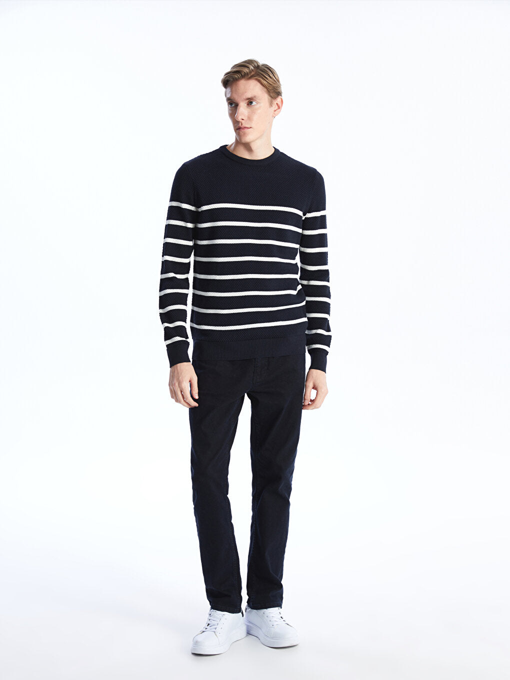 Crew Neck Long Sleeve Striped Men's Knitwear Sweater