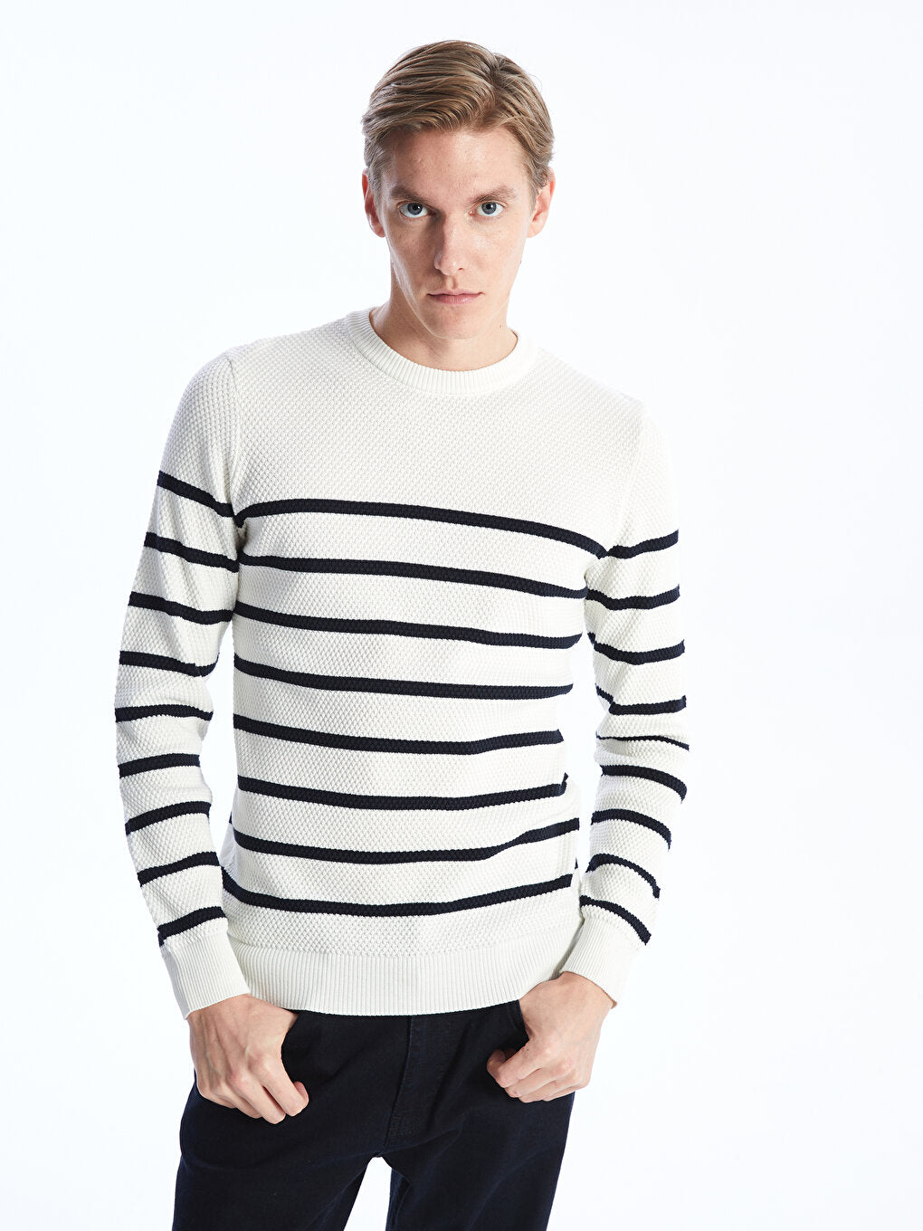 Crew Neck Long Sleeve Striped Men's Knitwear Sweater