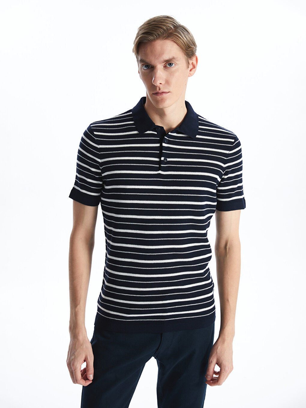 Polo Neck Short Sleeve Striped Men's Knitwear Sweater