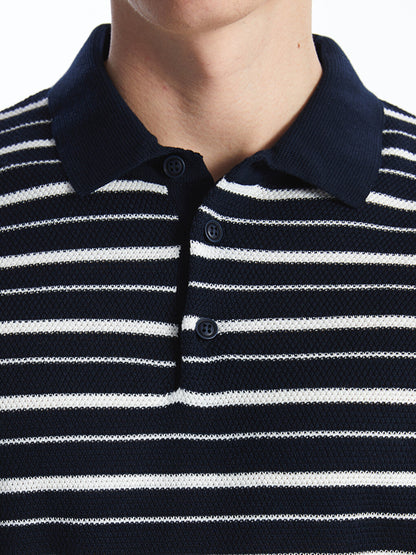 Polo Neck Short Sleeve Striped Men's Knitwear Sweater