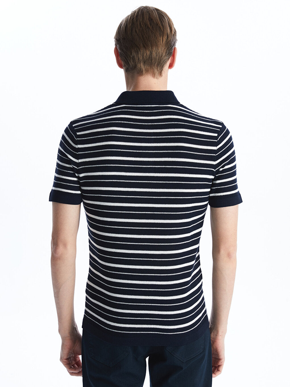 Polo Neck Short Sleeve Striped Men's Knitwear Sweater