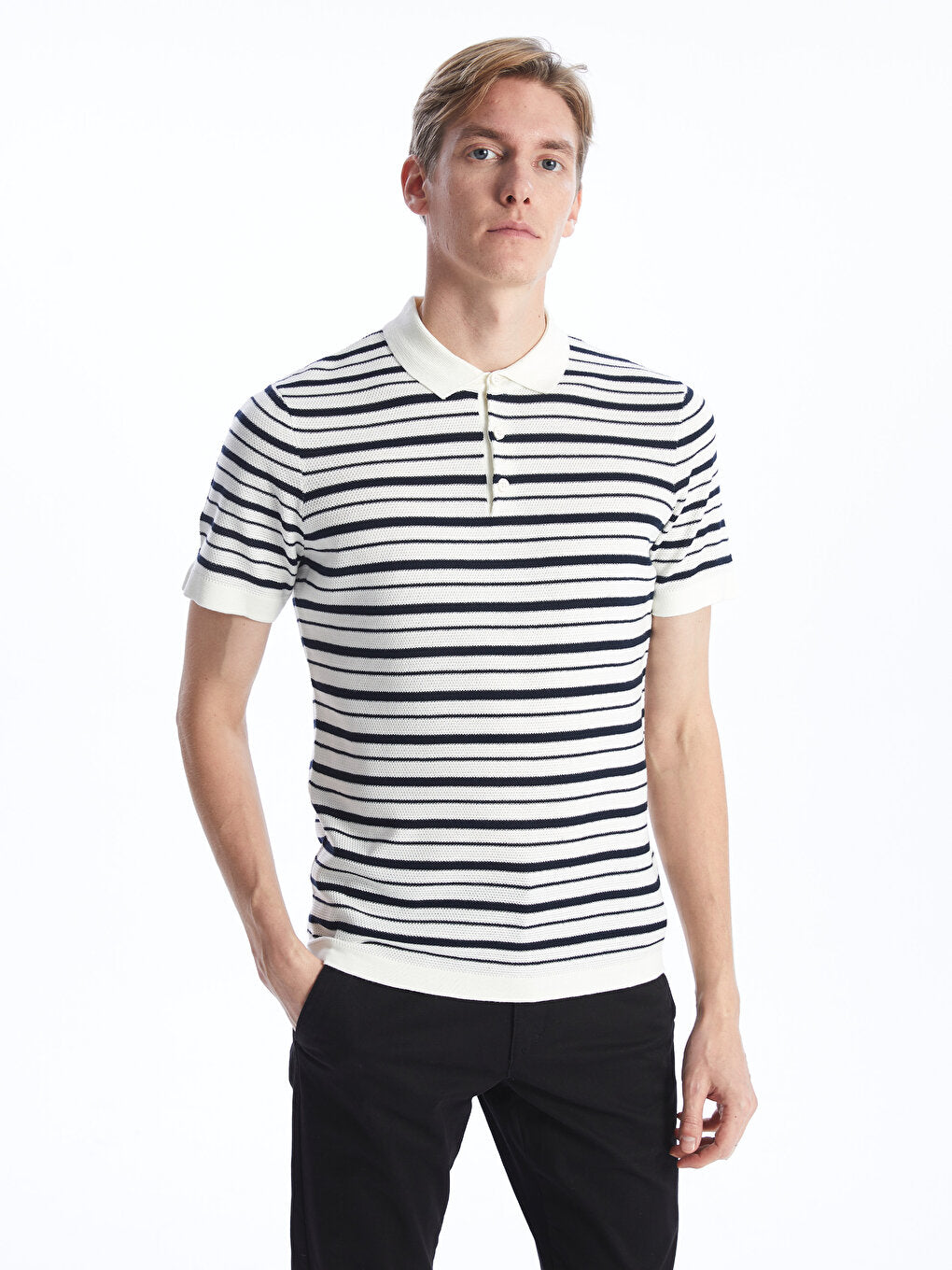 Polo Neck Short Sleeve Striped Men's Knitwear Sweater