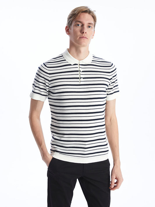 Polo Neck Short Sleeve Striped Men's Knitwear Sweater