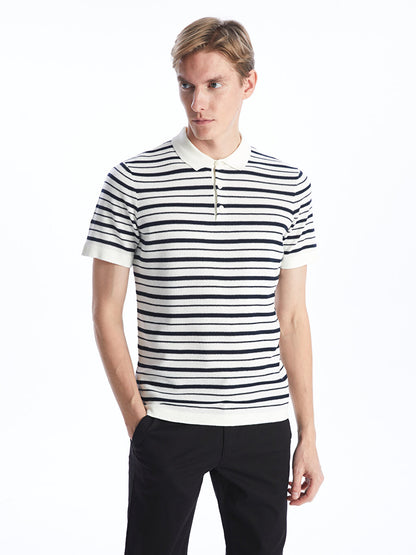 Polo Neck Short Sleeve Striped Men's Knitwear Sweater