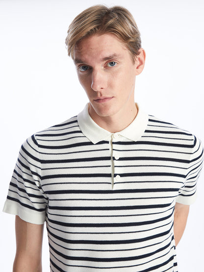 Polo Neck Short Sleeve Striped Men's Knitwear Sweater